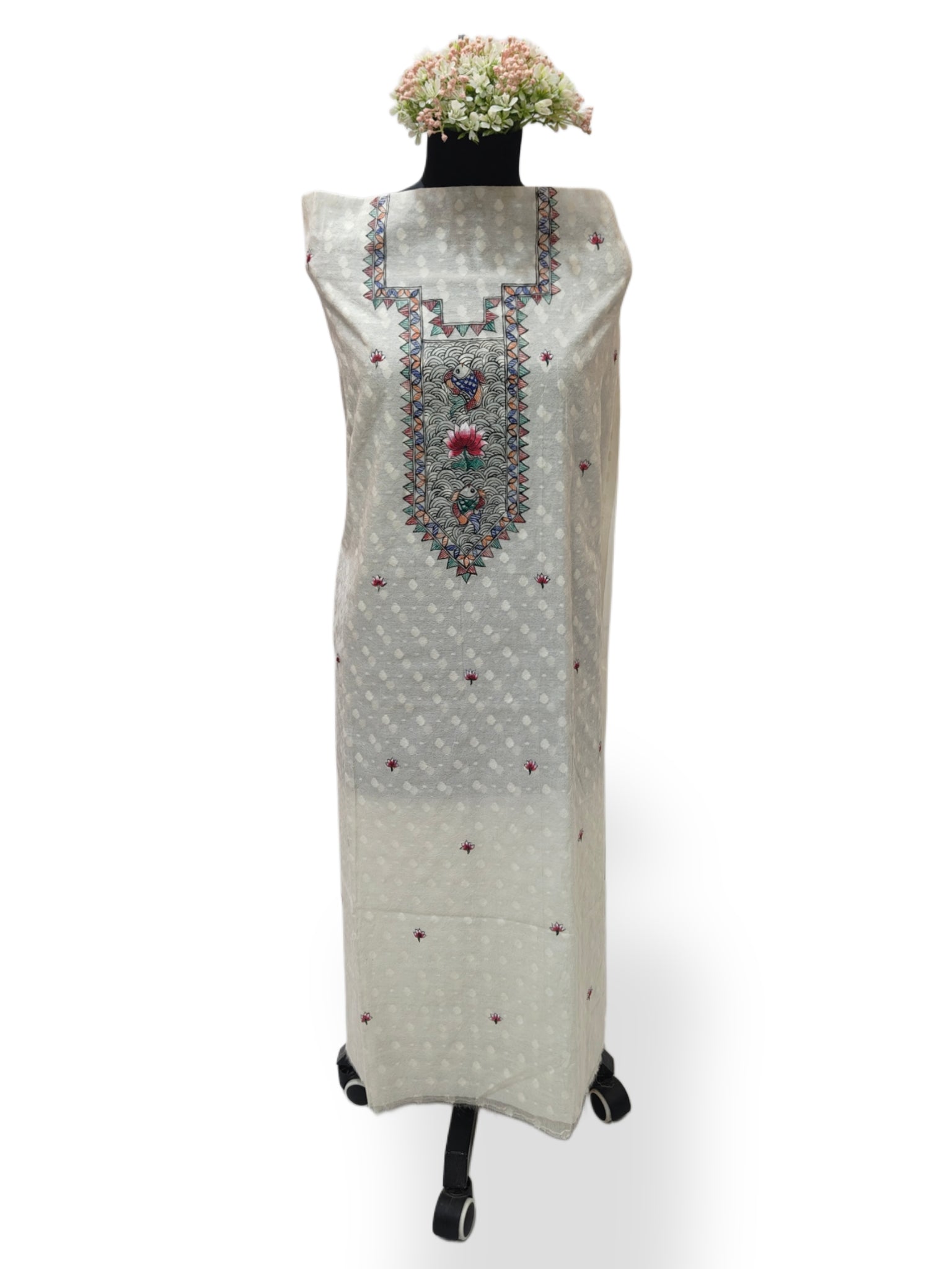 Unstitched Hand-painted Madhubani Radha Krishna Suit Set on Chanderi in Ivory & Maroon